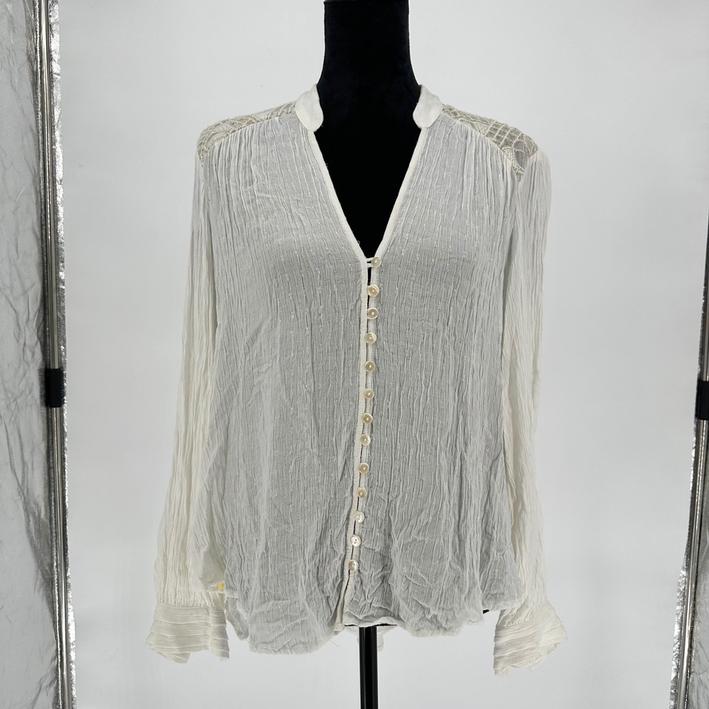 Free People Ivory Texture Long Sleeve Tunic Top Lace Metallic Peasant Boho‎ M